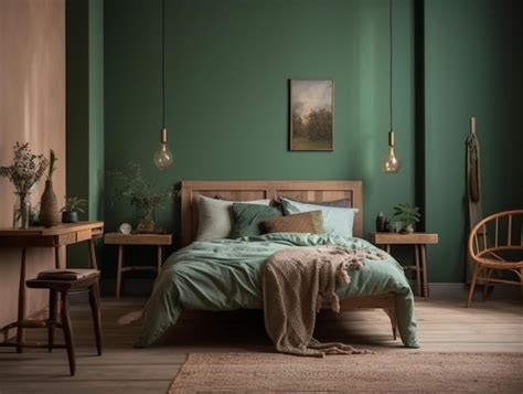 Premium AI Image | A bedroom with green walls and a green wall with a ...