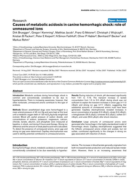 (PDF) Causes of metabolic acidosis in canine hemorrhagic shock: Role of ...