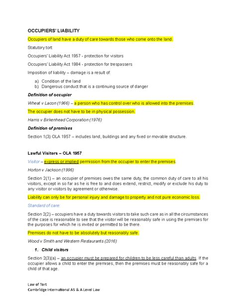 Occupiers Liability Summary Law Of Tort Law Of Tort Cambridge