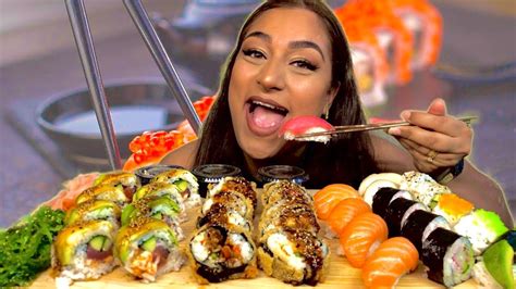 Sushi Mukbang Big Bites Spicy Tuna Roll Crunchy Roll Salmon