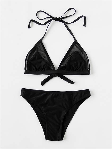 Shop Mesh Insert Triangle Bikini Set Online SheIn Offers Mesh Insert