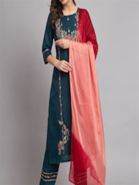 Buy Kalini Floral Embroidered Round Neck Kurta With Trousers And Dupatta