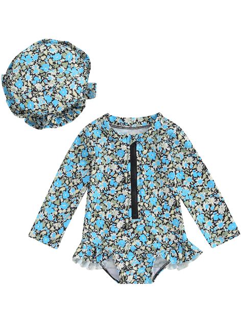 Mevireiy Baby Girl Rash Guard Swimsuit Floral Print Long Sleeve Zipper One Piece Bikini Blue