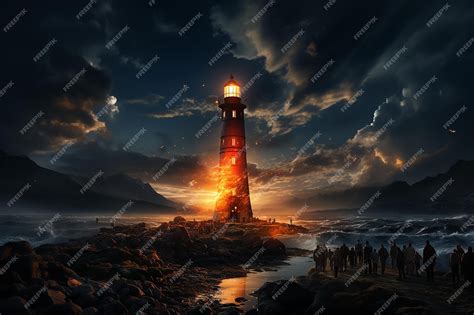 Premium AI Image | Illuminating Lighthouse at Night A Radiant Beam of Light