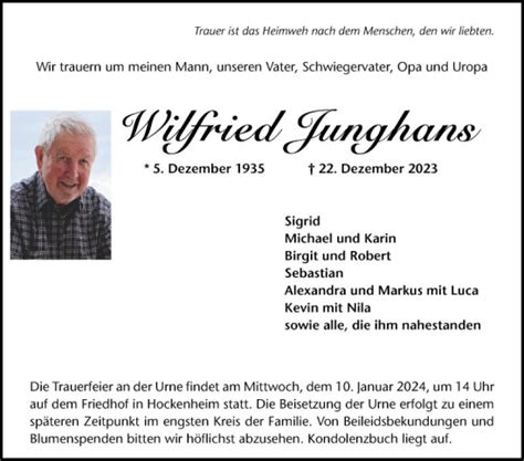 Traueranzeigen Von Wilfried Junghans Trauerportal Ihrer Tageszeitung