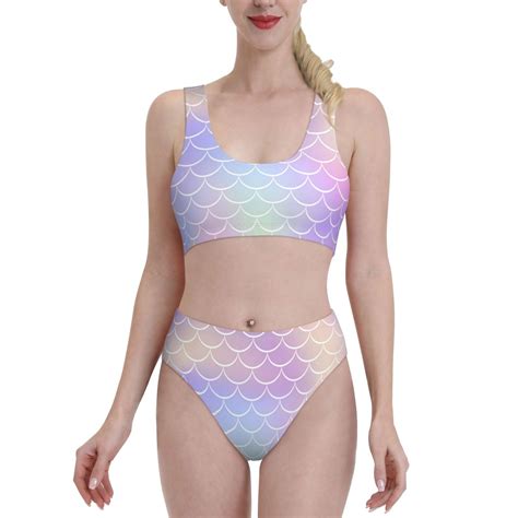 Haiem Fish Scale Women S High Waisted Bikini Set Two Piece Bathing Suits High Cut Bikini Cut