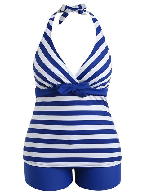 Plus Size Stripes Halter Tankini Set