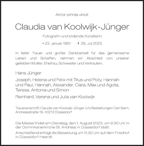 Traueranzeigen von Claudia van Koolwijk Jünger SZ Gedenken de