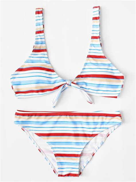 Knot Front Striped Bikini Set Shein Sheinside Bikinis Striped