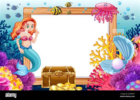 Mermaid and sea animal theme with blank banner cartoon style on under ...