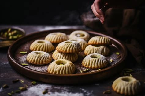 Premium AI Image A Plate Of Pistachio Cookies With A Hand Reaching