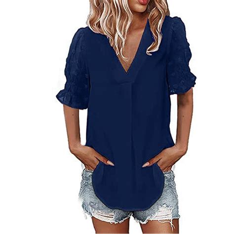 Weaiximiung Women S Solid Color V Neck Chiffon Blouse With Short