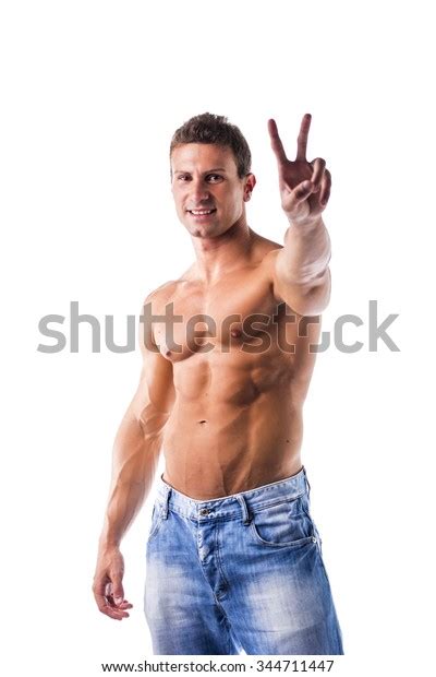 Handsome Shirtless Bodybuilder Shot Above Doing Stock Photo 344711447