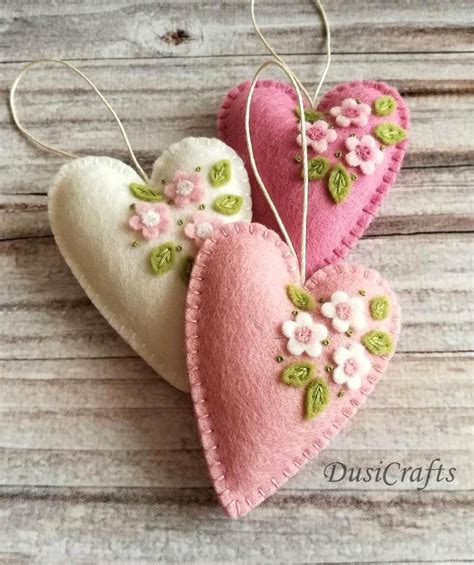 Set Of 3 Small Pastel Pink Heart Ornaments With Flowers Etsy Felt Crafts Felt Embroidery