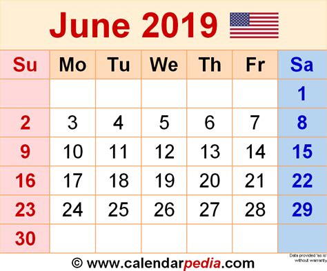 June 2019 Calendar Templates For Word Excel And Pdf