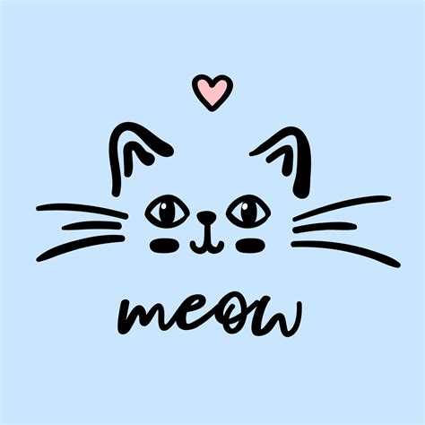 Cat Cute Face Meow Vector Doodle Illustration Isolated On Blue