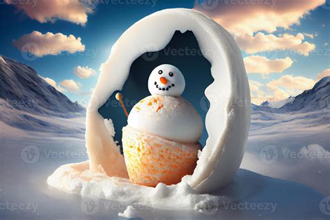 Snowman in an ice cream stone, chute winter-summer concept. 25471262 ...