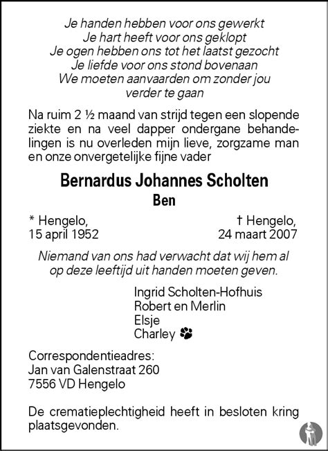 Bernardus Johannes Ben Scholten 24 03 2007 Overlijdensbericht En