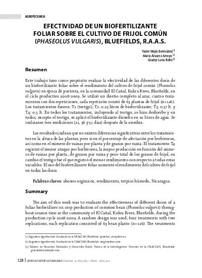 Efectividad De Un Biofertilizante Foliar Sobre El Cultivo De Frijol