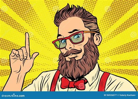 Bearded Hipster Man Portrait Pointing Finger Stock Vector