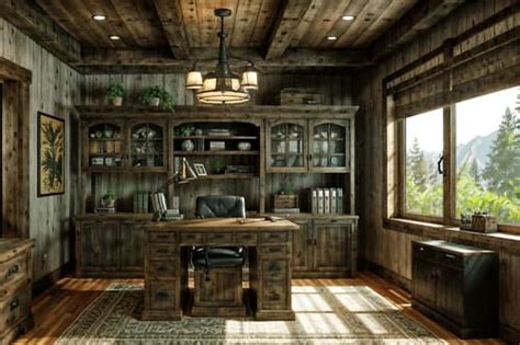 Rustic-style (home office interior) with computer desk and office chair ...