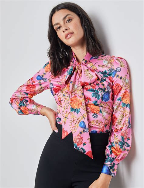 Floral Print Womens Satin Blouse With Single Cuff In Pink And Gold Hawes And Curtis Uk