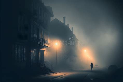 Silhouette In Misty Alley At Night City Street Mystery And Horror