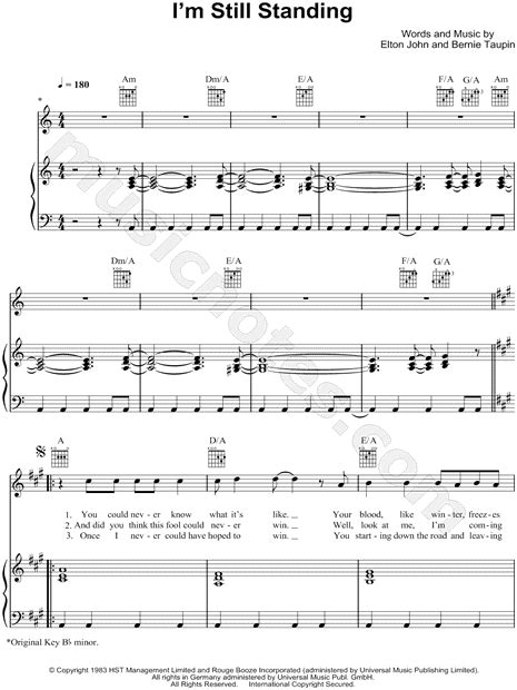 Elton John "I'm Still Standing" Sheet Music in A Minor (transposable ...