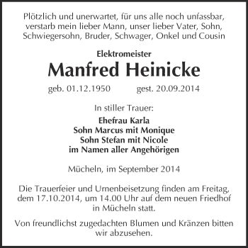 Traueranzeigen Von Manfred Heinicke Abschied Nehmen De