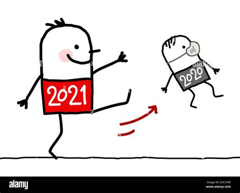 Hand Drawn Cartoon Big 2021 Man Kicking Out A Small 2020 With Mask