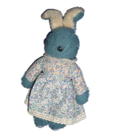 Vintage Tr S Rare Doudou Peluche Lapin Bleu Blanc Robe Fleur