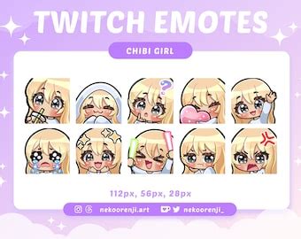Cute Chibi Girl Emote Set For Twitch Discord Blonde Hair With Bangs Light Skin Blue Eyes