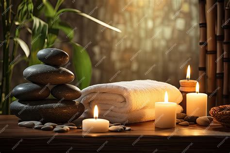 Premium Ai Image Candles Stones And Towel On Spa Massage Table Are Burning