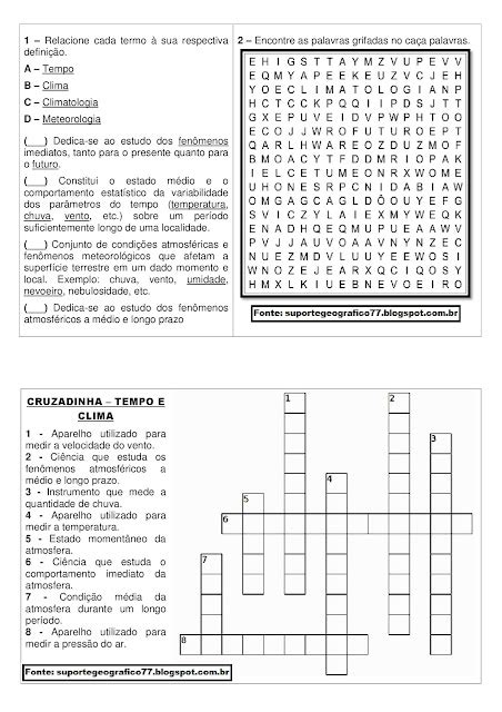 CRUZADINHA E CAÇA PALAVRAS TEMPO E CLIMA SUPORTE GEOGRÁFICO