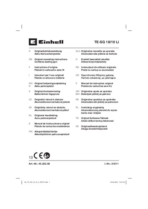 Mode d emploi Einhell TE SG 18 10 Li Français 197 des pages