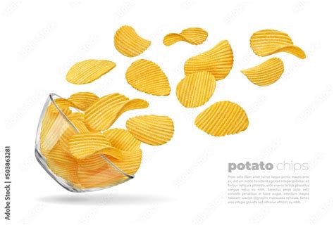 Flying Ripple Potato Chips Glass Bowl And Falling Chips D Vector