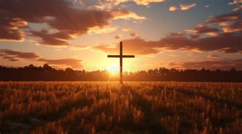 Sunset Behind Rustic Crosses In Wildflower Field Stock Image Image Of