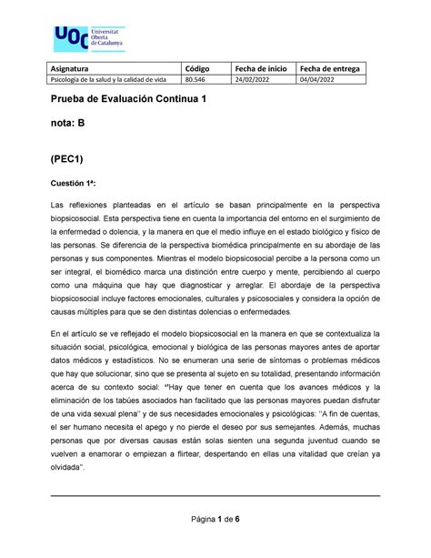 Psicología de la salud y calidad de vida PEC 1 nota B UOC 2021 2022