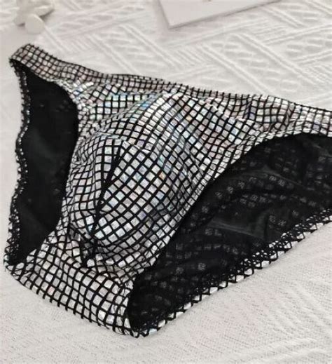 New Men S Sexy Shinny Silver Bikini Show Brief W Contoured Pouch Gay Interest EBay