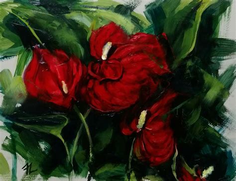 Anthurium Study Original Oil Painting Red Flowers Floral Still Etsy