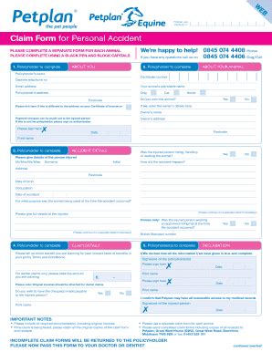 Fillable Online Claim Form For Personal Accident Petplan Fax Email