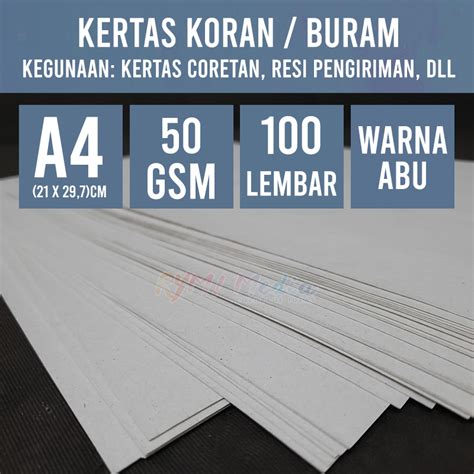 Jual Kertas KORAN Buram 50 Gsm A4 Isi 100 Lbr Koran Tipis 50 Gram