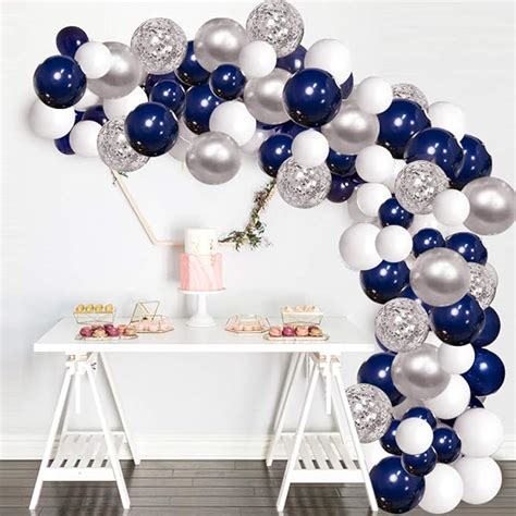 Silver Blue Balloons Garland Kit 120 Pcs Navy Blue And Silver Confetti