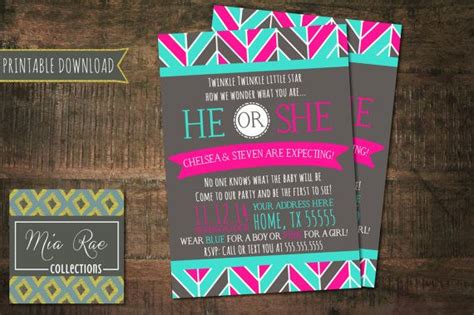 Gender Reveal Printable Invitation Turquoise Hot Pink Gray Gender Reveal Modern Invite