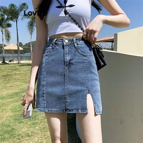 Lovito Casual Plain Button Zipper Split Front Denim Skirts For Women