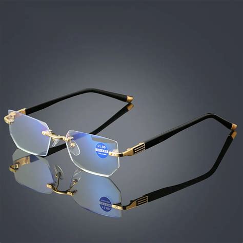 Frameless Reading Glasses For Men Clear Trimming Lens Read Glasses Ultralight Anti Blue Light