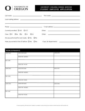 Fillable Online Catering Uoregon Student Employee Application Indd Fax