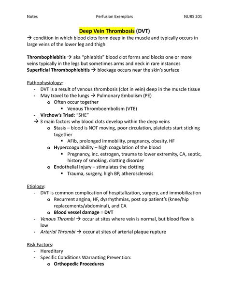 Perfusion Exemplars Outline Notes Deep Vein Thrombosis Dvt