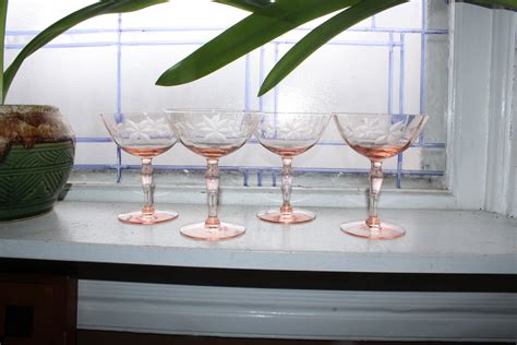 4 Pink Depression Etched Glass Champagne Glasses 1930s Art Deco