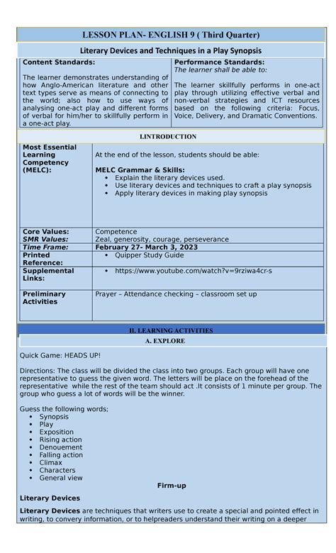 Grade 9 Literary Devices Lp Content Standards The Learner Demonstrates Understanding Of How